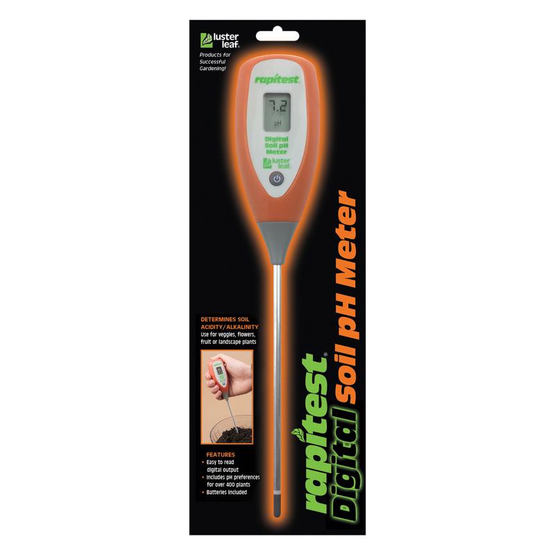 Digital soil pH meter from Emery Jensen soil test kit showing a handheld device measuring soil pH level.