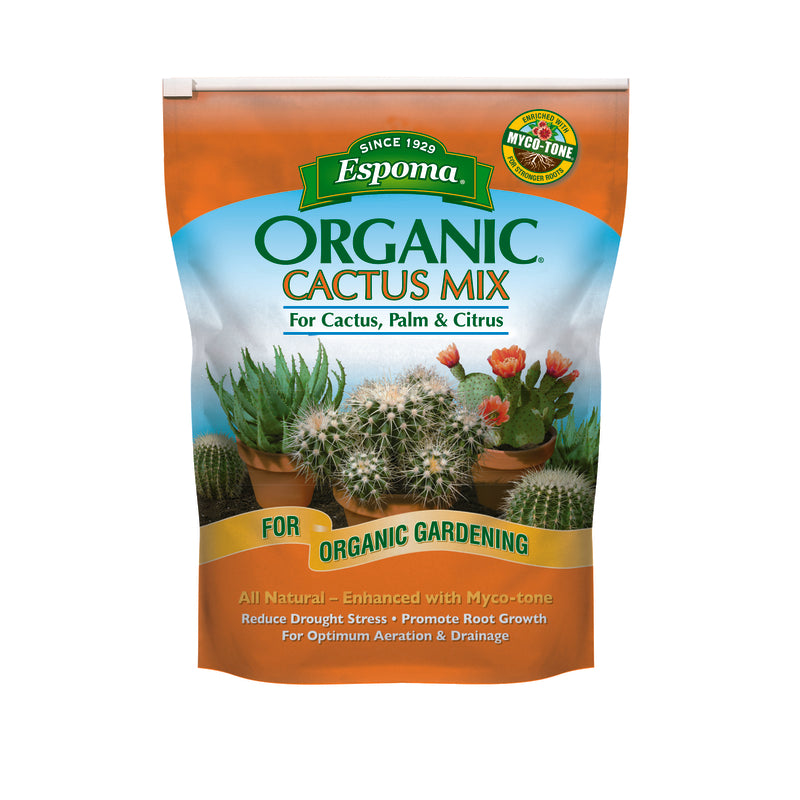 Organic cactus mix soil in an 8-quart small bag from Emery Jensen, ideal for succulent and cactus planting.
