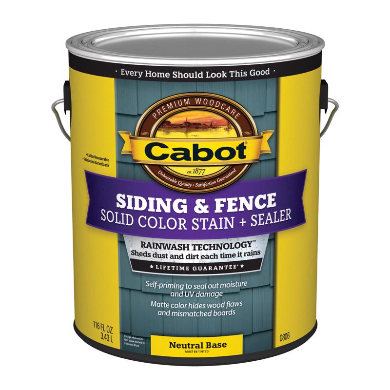 Set of four Emery Jensen Cabot SC ACR SS Neutral Gal solid stain paint cans, showcasing product packaging and branding.