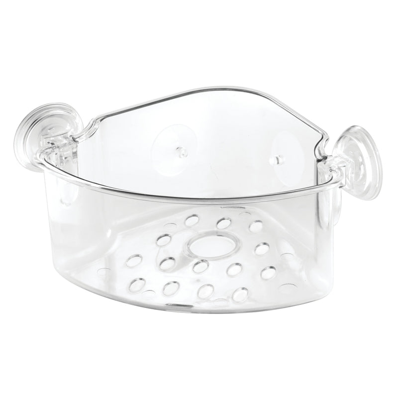 Emery Jensen Power Lock shower basket in clear plastic, space-saving bathroom organizer with secure locking design.
