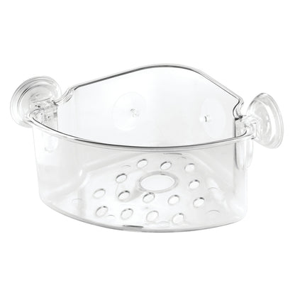 Emery Jensen Power Lock shower basket in clear plastic, space-saving bathroom organizer with secure locking design.