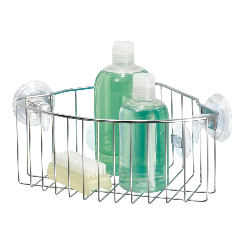 Silver Emery Jensen shower basket organizer, space-saving bathroom storage with multiple compartments for toiletries.
