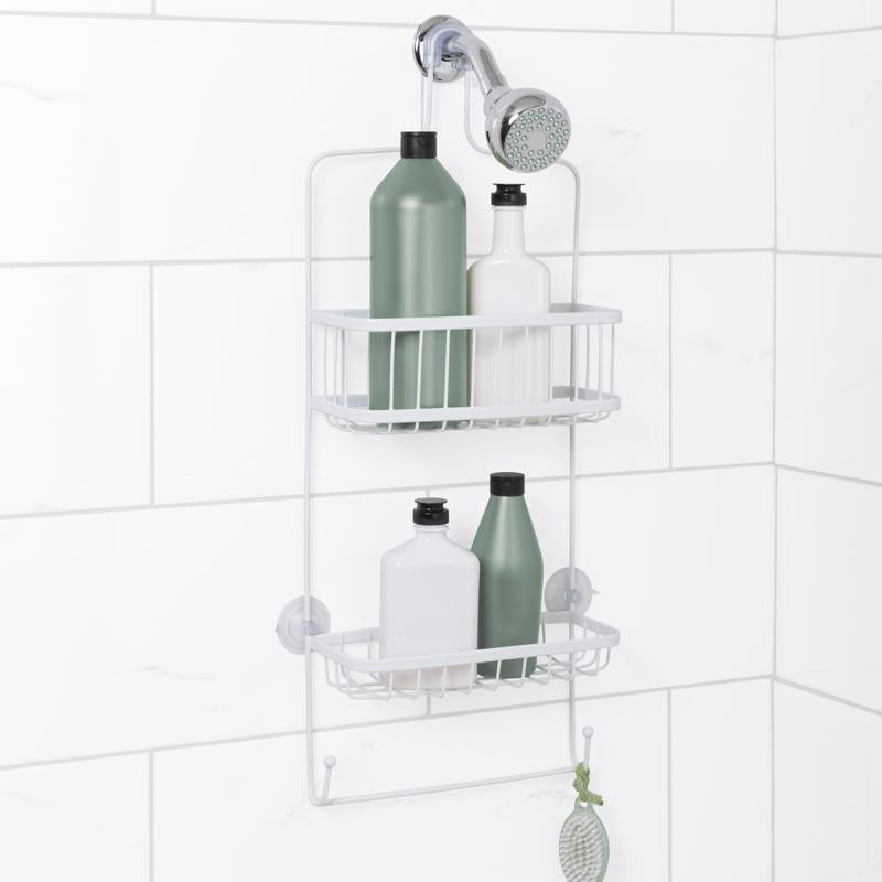 Wire shower caddy organizer in white by Emery Jensen, space-saving design for bathroom storage.