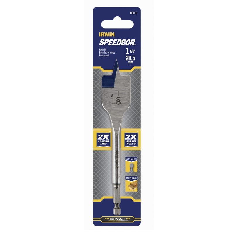 Emery Jensen 1-1/8" Speedbor spade drill bit for wood, shown with metal shank and sharp cutting edges.