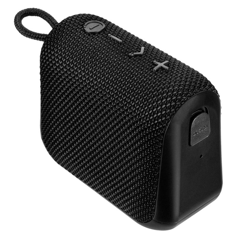 Black portable speaker with speaker wire, Emery Jensen brand, designed for 16-hour playback, shown with cables and controls.