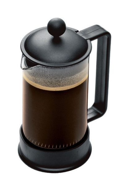 Emery Jensen Brazil French press coffee and tea maker in black, 12 oz capacity with a sleek design and durable glass body.