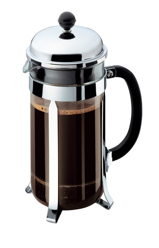 Emery Jensen Chambord 8C coffee press, black spec coffee and tea maker with glass carafe and stainless steel lid.