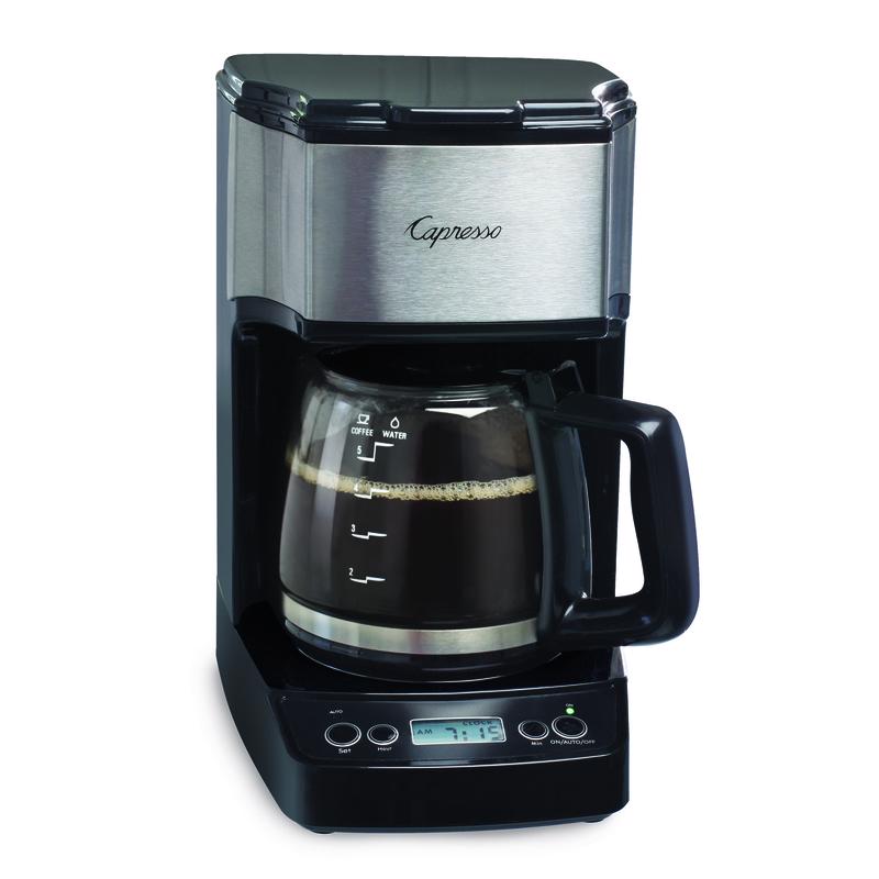 Emery Jensen black and silver 5-cup coffee and tea maker with sleek compact design for brewing hot beverages
