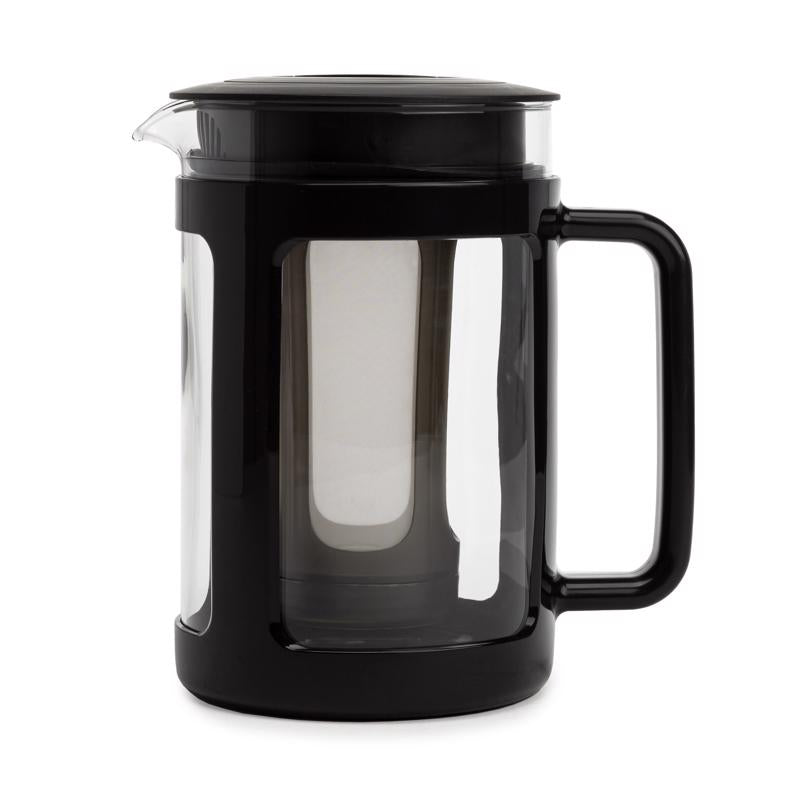 Emery Jensen Cold Brew Coffee Maker 1.6qt, a sleek black spec coffee and tea maker with a glass brewing chamber and stainless steel filter.