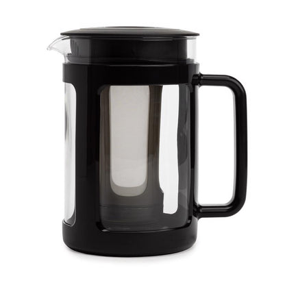 Emery Jensen Cold Brew Coffee Maker 1.6qt, a sleek black spec coffee and tea maker with a glass brewing chamber and stainless steel filter.