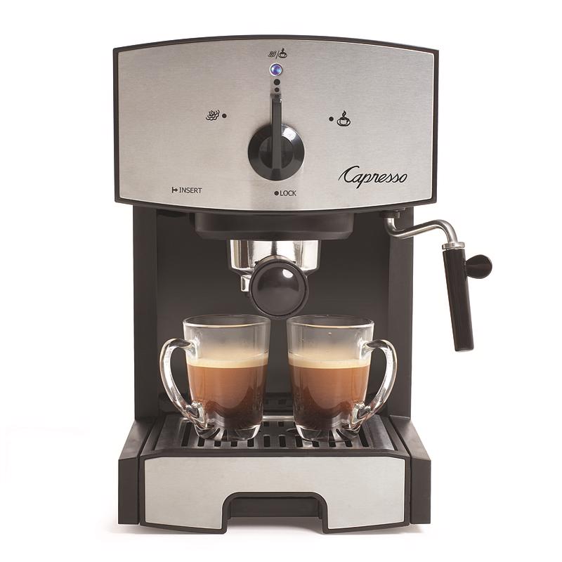 Emery Jensen Spec Coffee and Tea Maker for espresso and cappuccino brewing, black compact kitchen appliance on countertop.