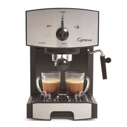 Emery Jensen Spec Coffee and Tea Maker for espresso and cappuccino brewing, black compact kitchen appliance on countertop.