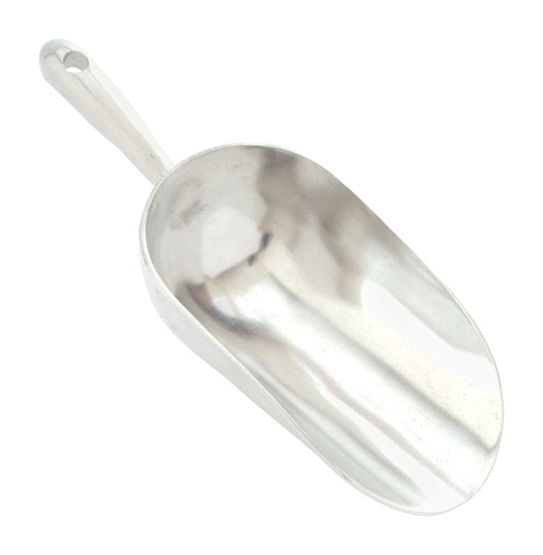 Emery Jensen 12oz aluminum scoop for specialty accessories, shiny silver metal with ergonomic handle.