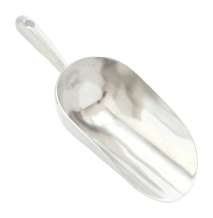 Emery Jensen 12oz aluminum scoop for specialty accessories, shiny silver metal with ergonomic handle.