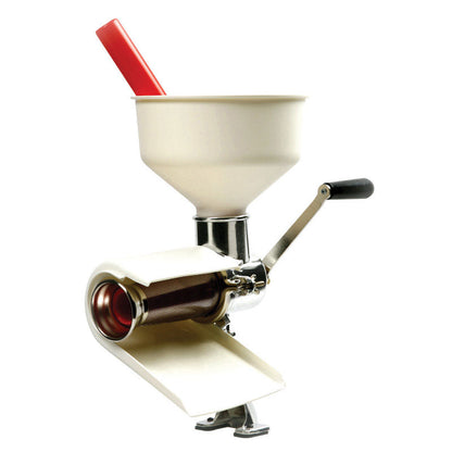 Emery Jensen Food Strainer and Sauce Maker from Specialty Appliances, stainless steel design with handles for easy use and pouring.