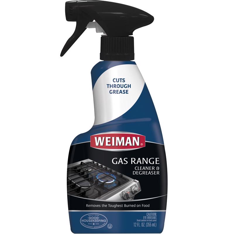 Emery Jensen gas range cleaner in 12oz bottles, pack of 6, specialty cleaner for stove and appliance surface cleaning.