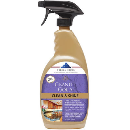 Six bottles of Emery Jensen Cln&Shine Stone Cleaner, specialty cleaner for stone surfaces, in 24 oz bottles.