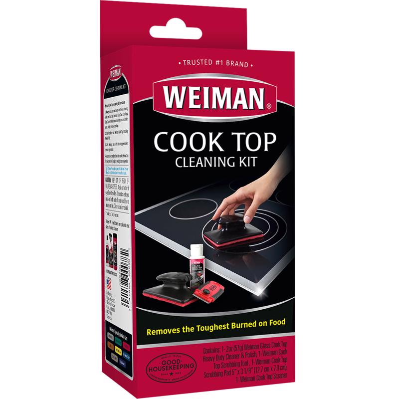 Emery Jensen cooktop cleaning kit with six specialty cleaners for removing stains and grease from stovetops.
