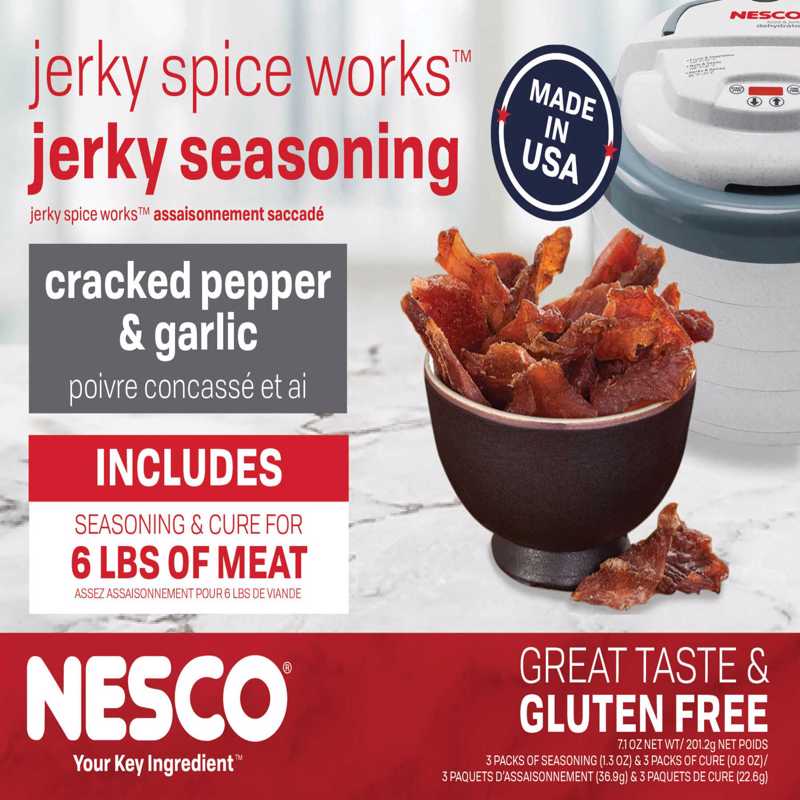 Emery Jensen Jerky Spice Pack with pepper and garlic seasoning for specialty cookers, three-pack for flavorful jerky preparation.