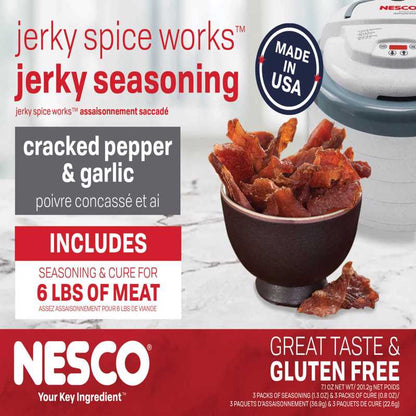 Emery Jensen Jerky Spice Pack with pepper and garlic seasoning for specialty cookers, three-pack for flavorful jerky preparation.
