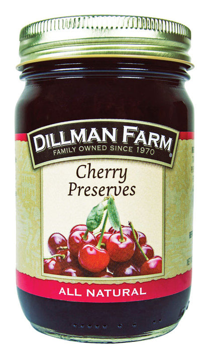 Six jars of Emery Jensen cherry preserves in 16 oz containers, showcasing the rich, glossy cherry spread in clear glass jars.