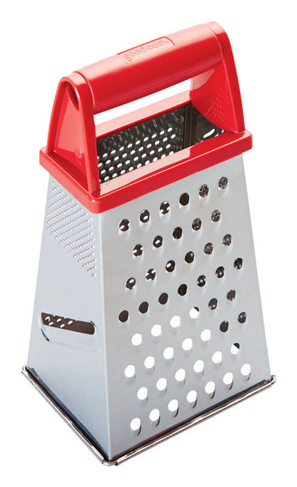Emery Jensen 9-inch stainless steel box grater with four sides for shredding, grating, and slicing vegetables and cheese.