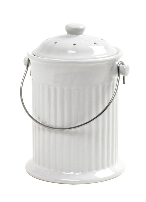 Emery Jensen ceramic compost crock for kitchen countertop composting, featuring a sleek, neutral design and a secure lid.