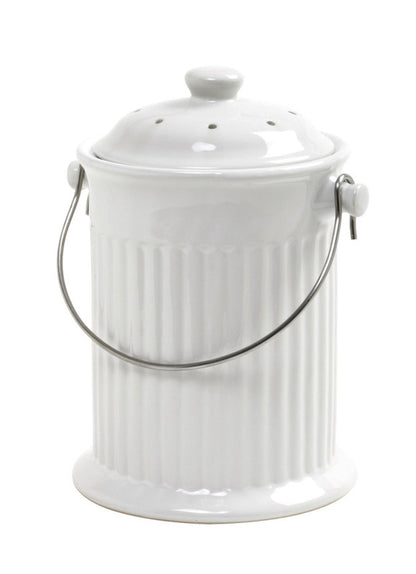 Emery Jensen ceramic compost crock for kitchen countertop composting, featuring a sleek, neutral design and a secure lid.