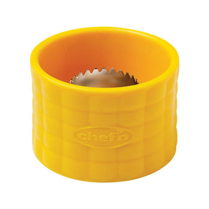 Emery Jensen corn stripper gadget with handle and blade for easily removing corn kernels from the cob.
