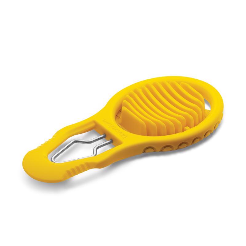 Yellow egg slicer by Emery Jensen, a specialty kitchen gadget with stainless steel blades for easily slicing eggs.