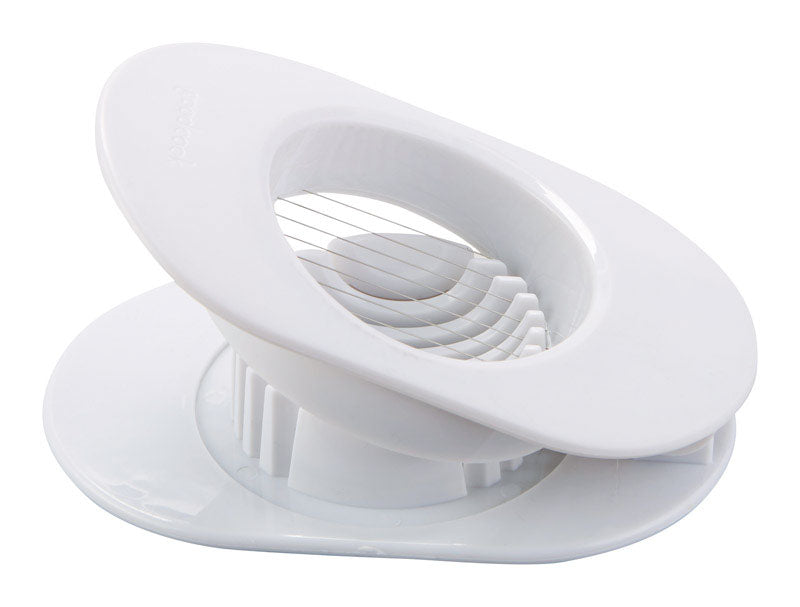 White Emery Jensen egg slicer, a specialty kitchen gadget with stainless steel blades for easy, even egg slicing.