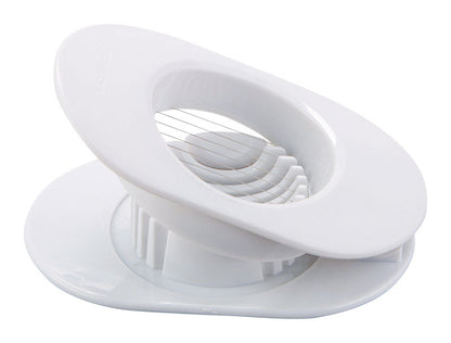White Emery Jensen egg slicer, a specialty kitchen gadget with stainless steel blades for easy, even egg slicing.