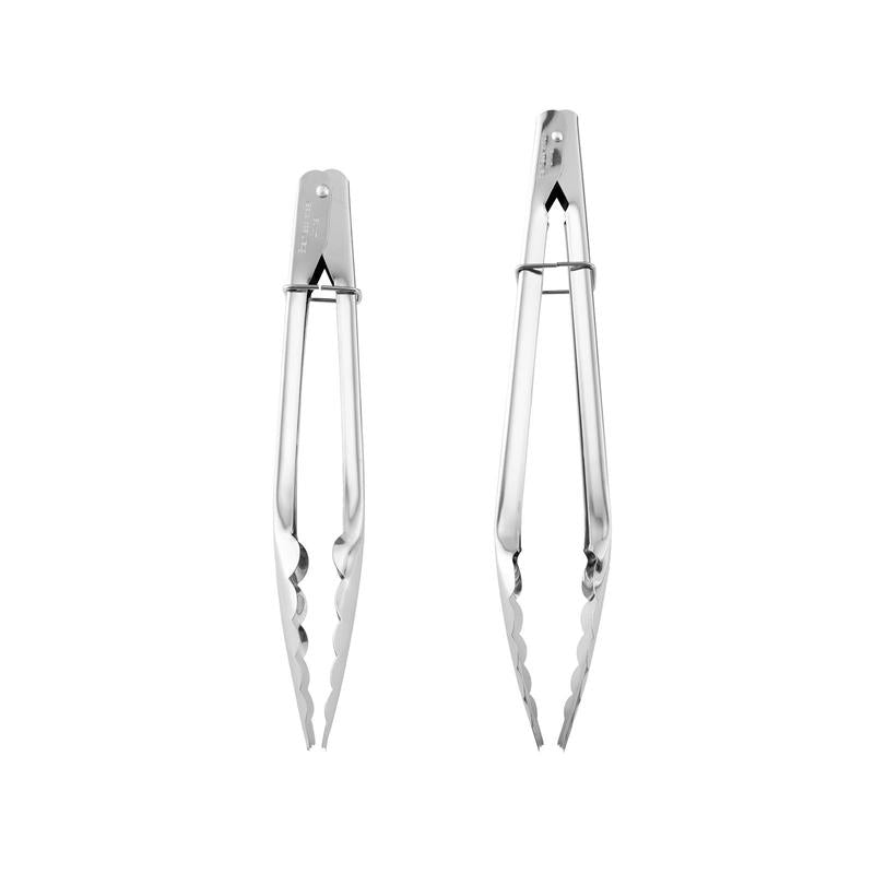 Emery Jensen Farberware 2-piece tongs, specialty kitchen gadgets for grilling and serving food, made of stainless steel.