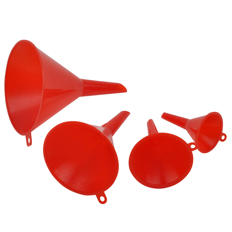 Emery Jensen 4-pack funnel set featuring various sizes of specialty kitchen funnels for easy liquid and ingredient transfer.