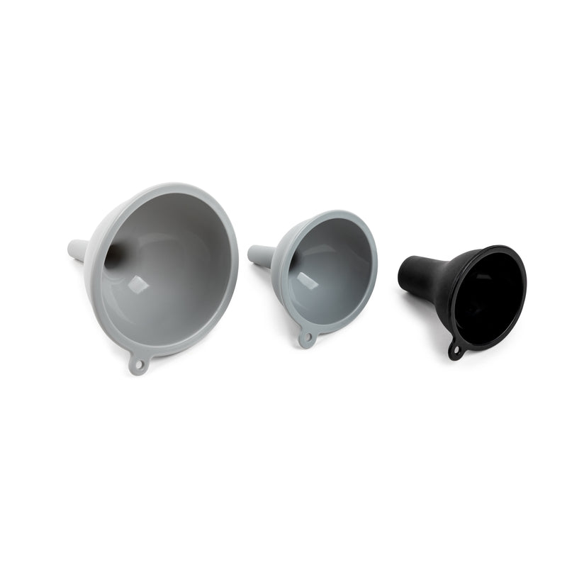 Set of three silicone funnel set from Emery Jensen, specialty kitchen gadgets for pouring and transferring liquids.