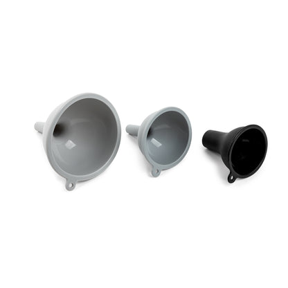 Set of three silicone funnel set from Emery Jensen, specialty kitchen gadgets for pouring and transferring liquids.