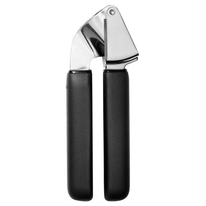 Emery Jensen garlic press in black, stainless steel, 10.5-inch, specialty kitchen gadget for crushing garlic efficiently.