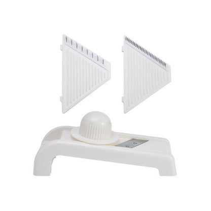 Emery Jensen Mandolin Slicer in white plastic and stainless steel, a specialty kitchen gadget for precise slicing.
