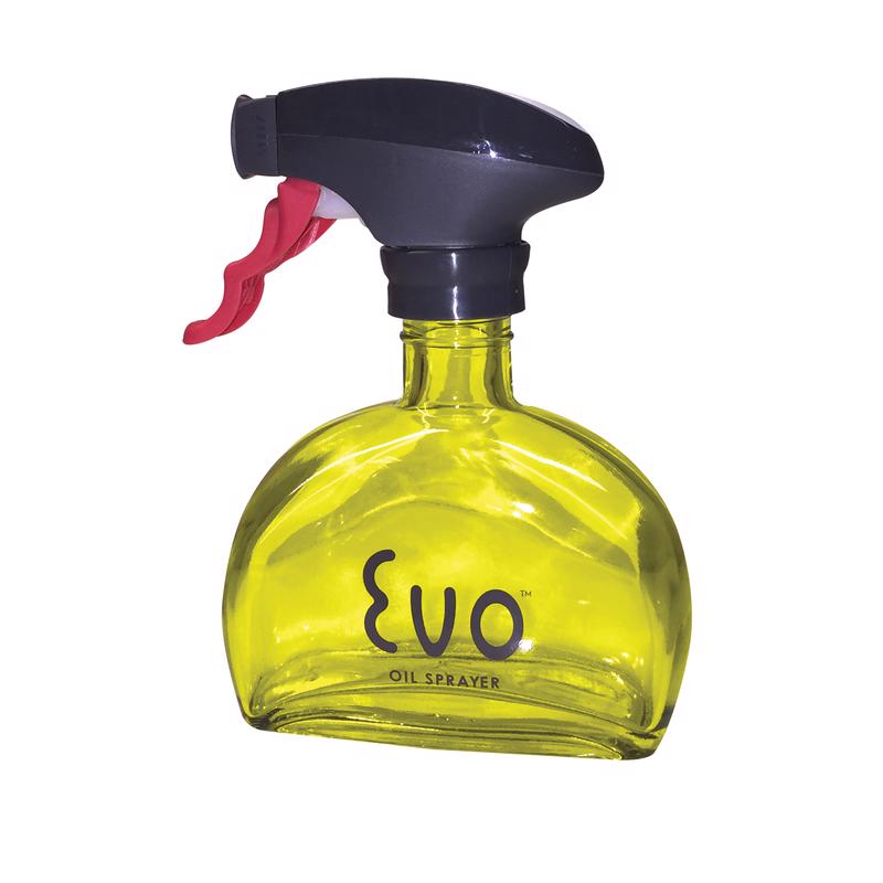 Emery Jensen glass oil sprayer gadget with a clear glass container and spray nozzle for kitchen use.