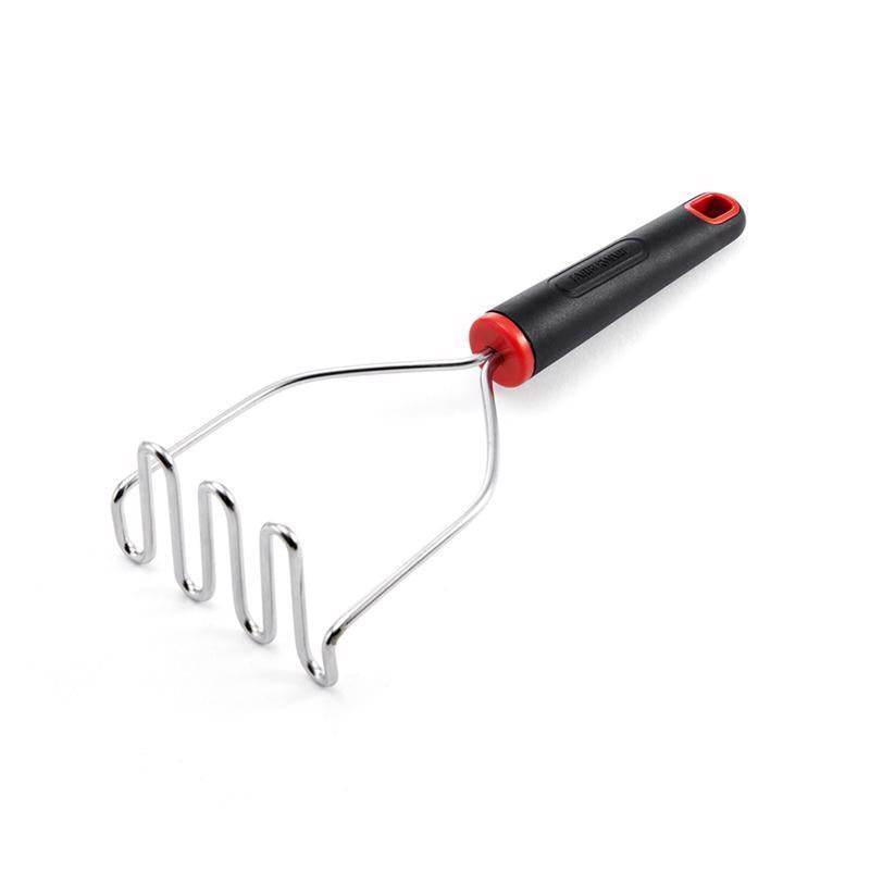 Black and silver potato masher from Emery Jensen specialty gadgets, with a sturdy handle and mashing plate.