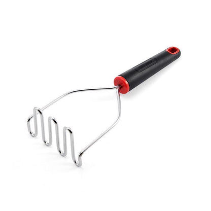 Black and silver potato masher from Emery Jensen specialty gadgets, with a sturdy handle and mashing plate.