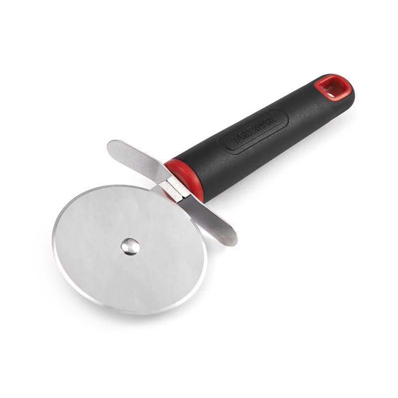 Emery Jensen PZZA Wheel plastic and stainless steel pizza cutter with black handle, specialty kitchen gadget for slicing pizza.