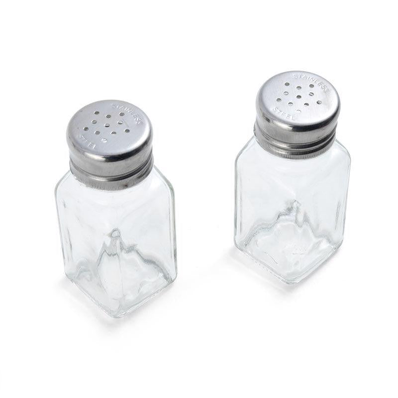 Emery Jensen salt and pepper shakers in clear glass, compact specialty gadgets with a modern design.