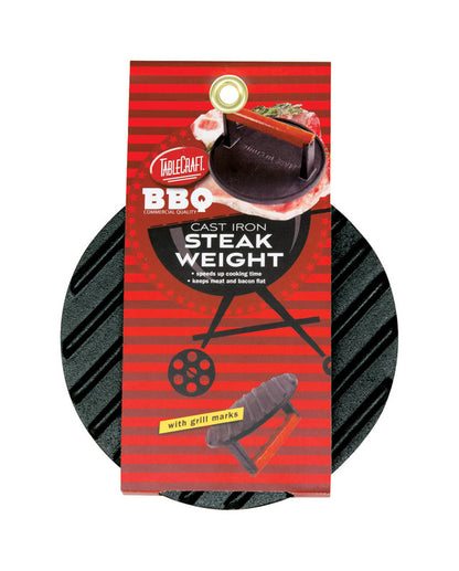 Emery Jensen 7-inch steak weight with handle, a specialty gadget for even meat cooking and tenderizing.