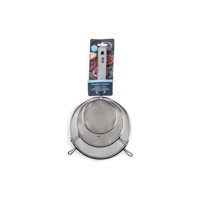 Emery Jensen 3-piece ABS and stainless steel strainer set from Specialty Gadgets collection, showing various strainer sizes and designs.