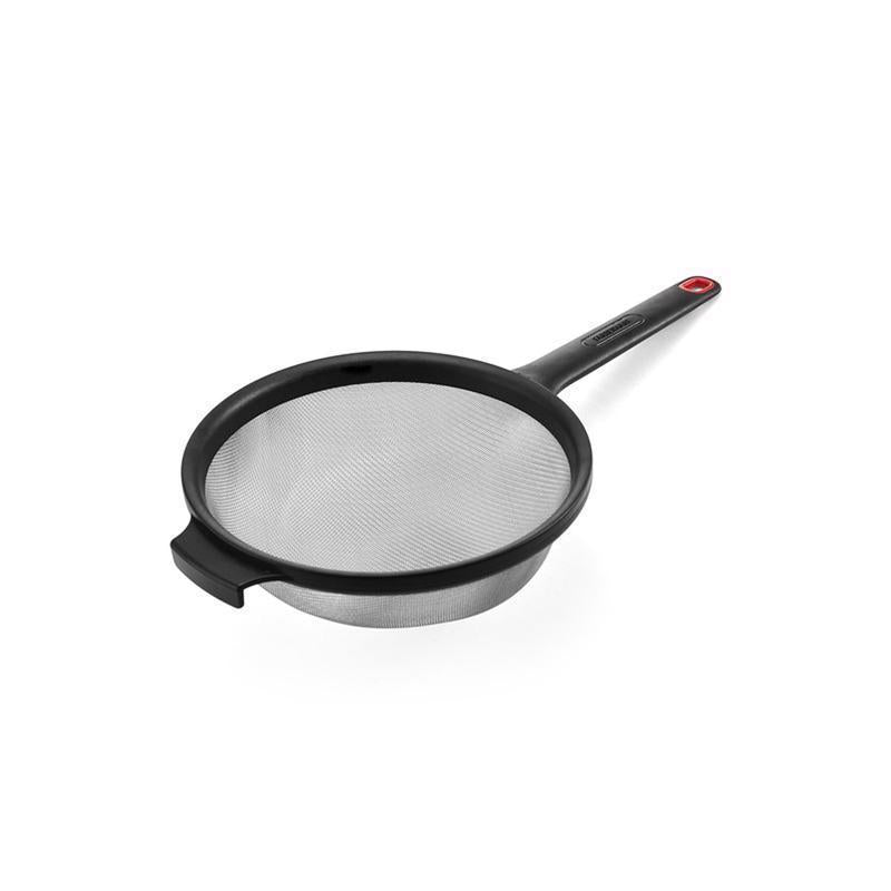 Black and silver plastic and stainless steel strainer from Emery Jensen specialty gadgets collection.
