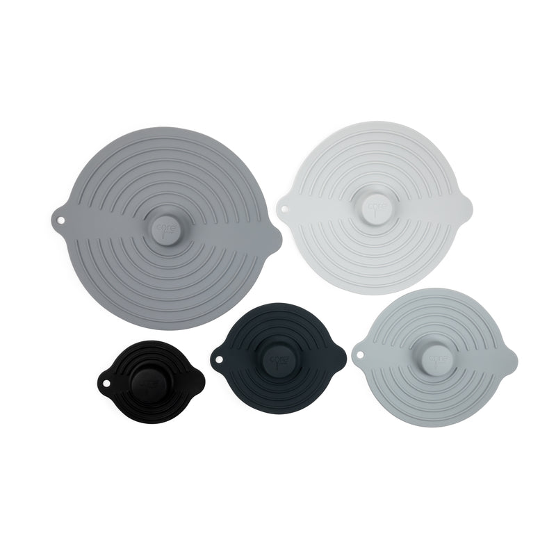Emery Jensen 5-piece suction lid set for containers, featuring durable silicone lids with secure silicone suction seals.
