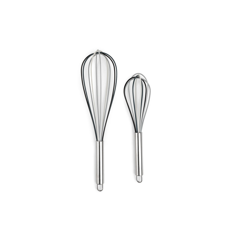 Emery Jensen 2-piece stainless steel gray whisk set from Specialty Gadgets, includes two versatile kitchen whisks for cooking and baking.
