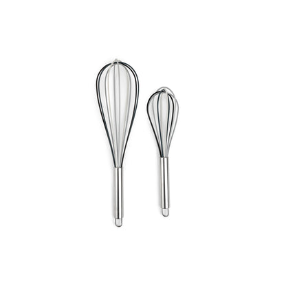 Emery Jensen 2-piece stainless steel gray whisk set from Specialty Gadgets, includes two versatile kitchen whisks for cooking and baking.