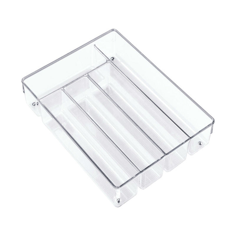 Emery Jensen Linus clear plastic cutlery tray for kitchen organization, with compartments for utensils and silverware storage.